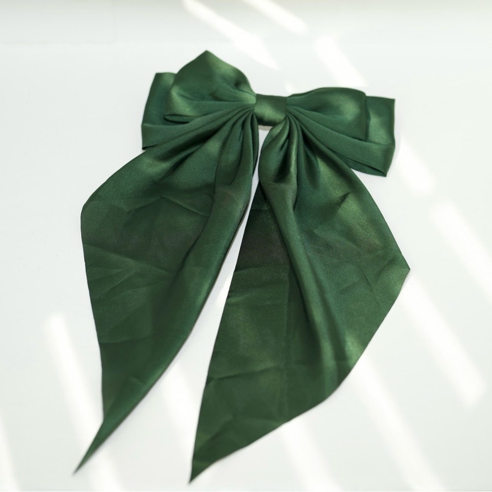 Elegant Dark Green Satin Bow Barrette Hair Accessory